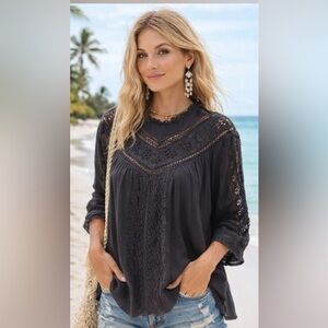 Sundance Black eyelet crochet Lace Blouse boho Victorian peasant S